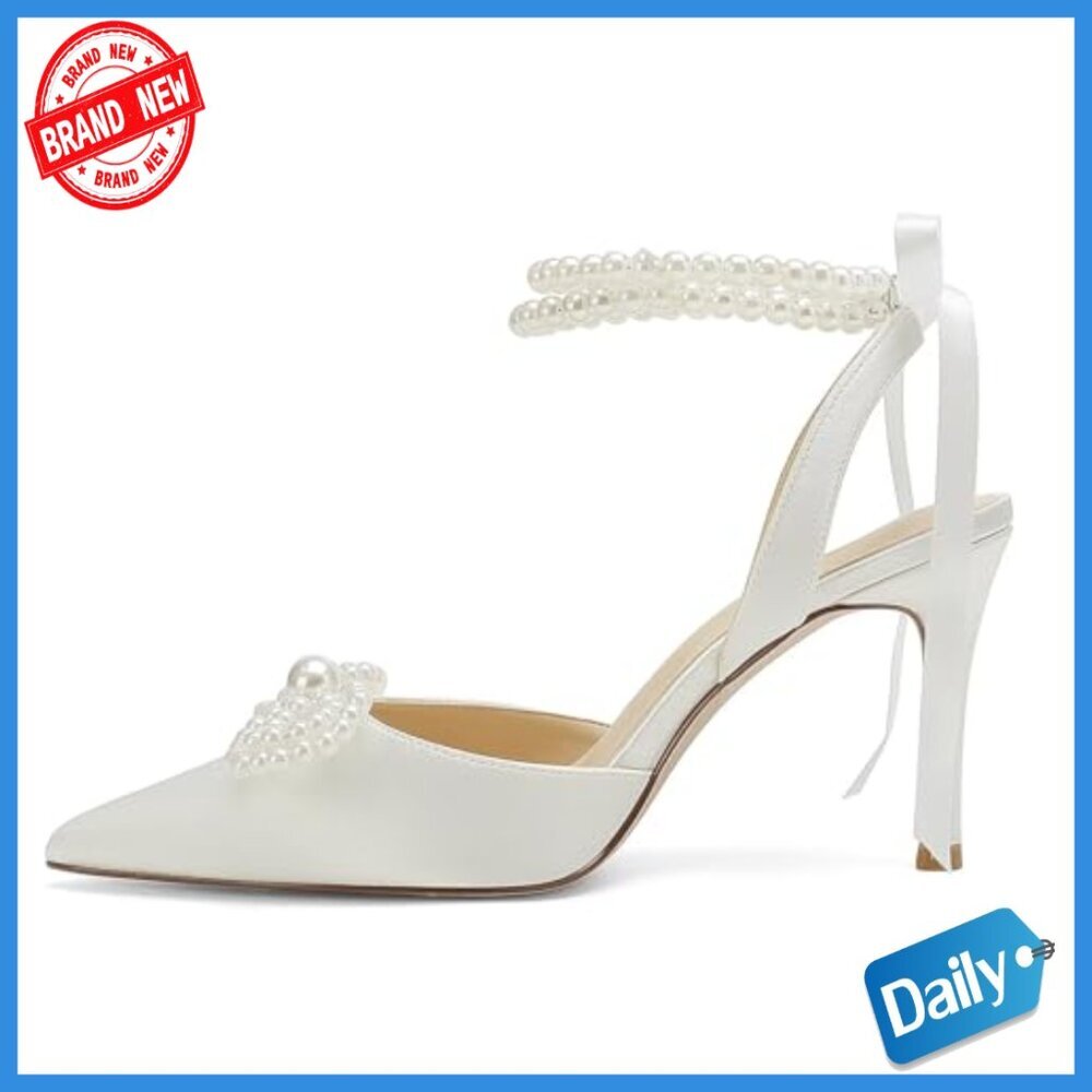 Pearl Ankle Strap Wedding Heels Satin Pumps Size 7 - Picture 3 of 5